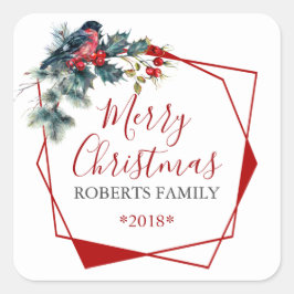 Pegatina Cuadrada Navidades Holly Wreath bullfinch rojo