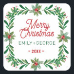 Pegatina Cuadrada Navidades Holly Wreath Merry Christmas Text<br><div class="desc">Navidades gritan corona con texto de personalizable - Feliz Navidad,  nombres y el año...  Elegante diseño de acuarelas modernas.</div>