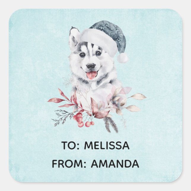 Pegatina Cuadrada Navidades Husky Dog en Santa Hat (Anverso)