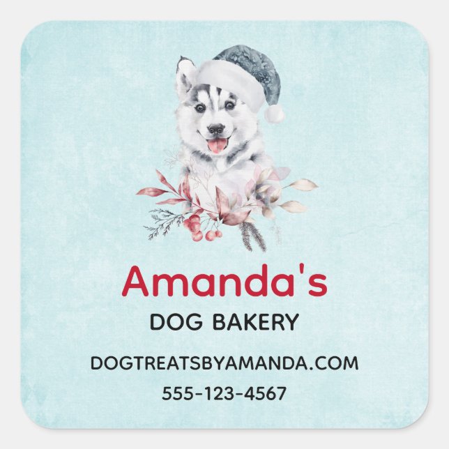 Pegatina Cuadrada Navidades Husky Dog en un negocio de Santa Hat (Anverso)