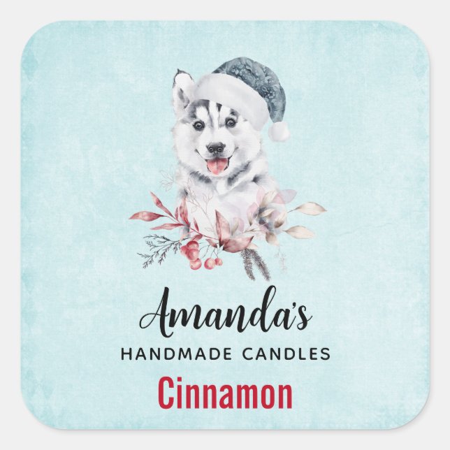 Pegatina Cuadrada Navidades Husky Dog en un negocio de velas de Sant (Anverso)