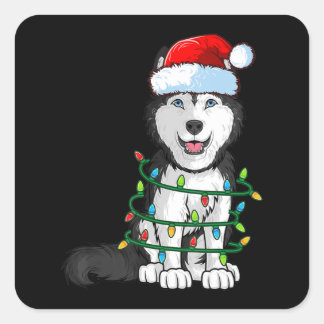 Pegatina Cuadrada Navidades Husky siberiano Santa Hat Xmas alumbran 