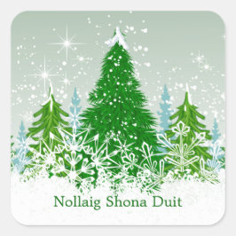 Pegatina Cuadrada Navidades irlandeses, abetos verdes de nieve
