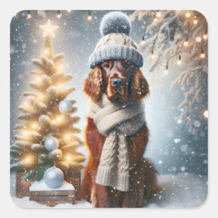 Pegatina Cuadrada Navidades irlandeses con bufanda y Gorra
