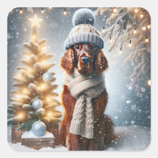 Pegatina Cuadrada Navidades irlandeses con bufanda y Gorra (Anverso)