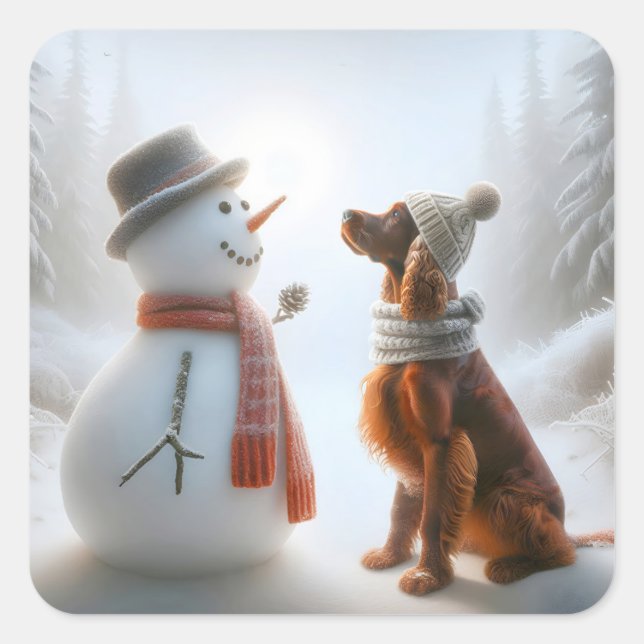 Pegatina Cuadrada Navidades irlandeses sentados con hombre de nieve (Anverso)