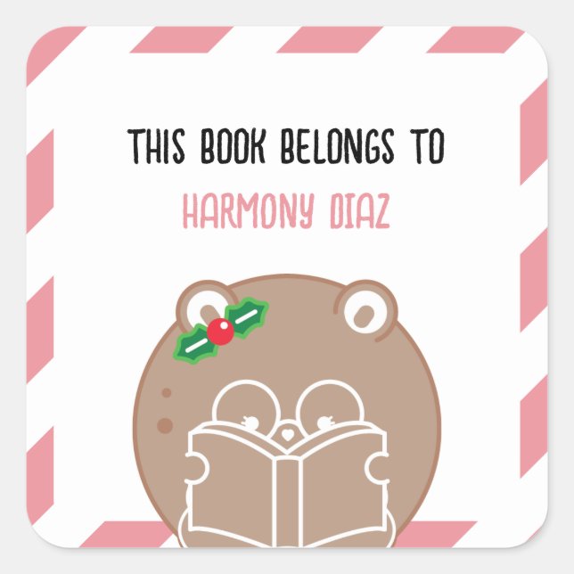 Pegatina Cuadrada Navidades Kawaii Cute Hamster Booklover Bookplate (Anverso)