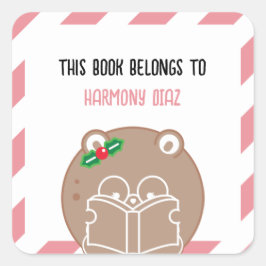 Pegatina Cuadrada Navidades Kawaii Cute Hamster Booklover Bookplate