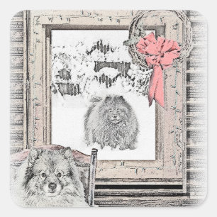 Pegatina Cuadrada Navidades Keeshond Ventana de Invierno Pintura de 