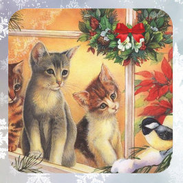 Pegatina Cuadrada Navidades Kittens Birdwatching Cute Card