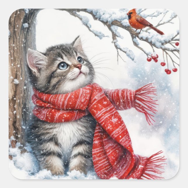 Pegatina Cuadrada Navidades Kitty mirando a un cardenal (Anverso)