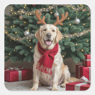 Pegatina Cuadrada Navidades Labrador Recuperador con Antlers