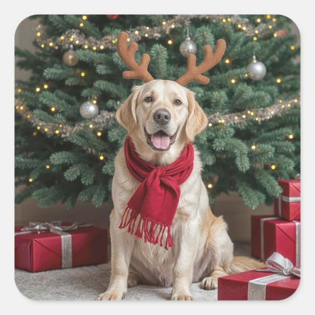 Pegatina Cuadrada Navidades Labrador Recuperador con Antlers (Anverso)