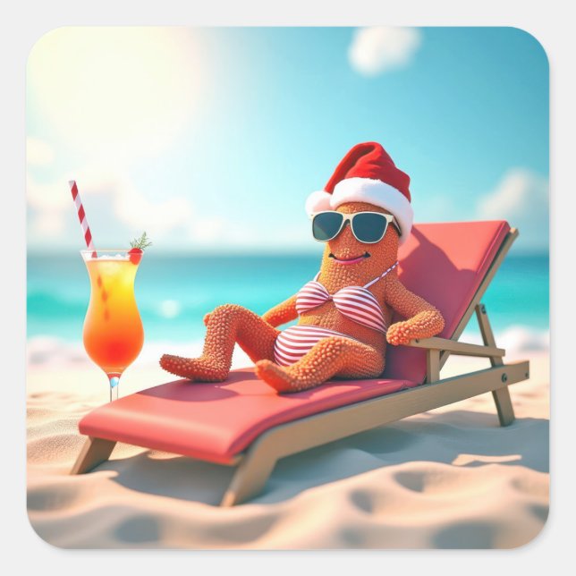 Pegatina Cuadrada Navidades lanzan sol en bikini (Anverso)