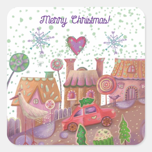Pegatina Cuadrada navidades lindo auto (Anverso)