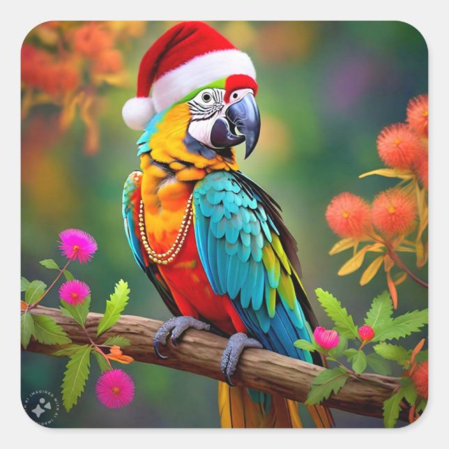 Pegatina Cuadrada Navidades Macaw Con Un Sombrero Santa-56485 (Anverso)