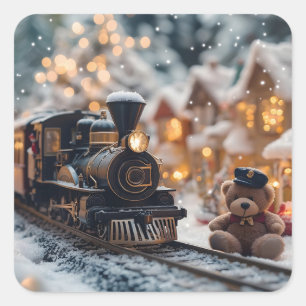 Pegatina Cuadrada Navidades mágicos entrenan la escena con Oso Teddy
