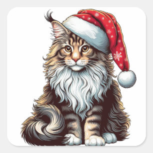 Pegatina Cuadrada Navidades Maine coon cat, gatito de Santa Maine Co