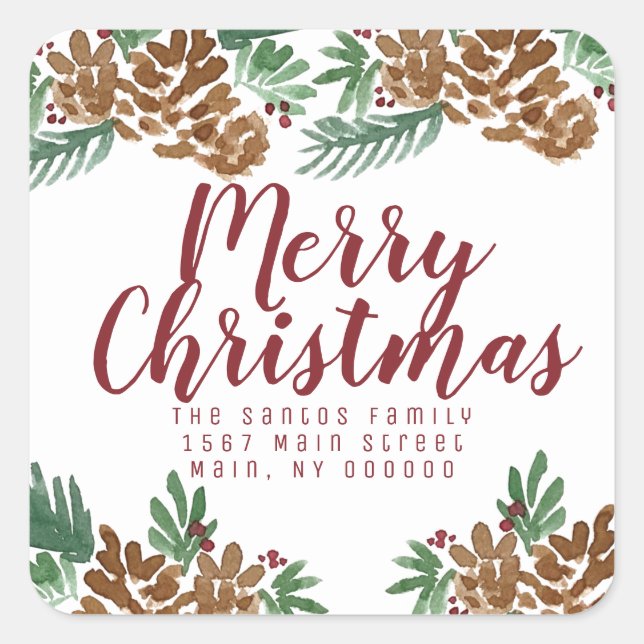 Pegatina Cuadrada Navidades Mano Watercolor Pinecones Greenery Berry (Anverso)