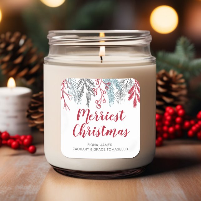 Pegatina Cuadrada Navidades más valiosos de invierno de la vegetació (Winter Greenery Red Script Merriest Christmas Square Sticker)