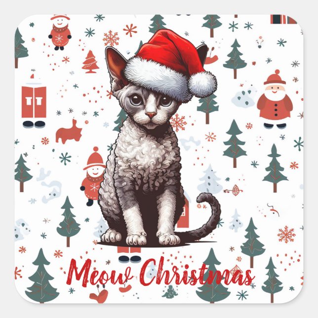 Pegatina Cuadrada Navidades Meow Devon Rex Cat, Navidad Santa Kitten (Anverso)
