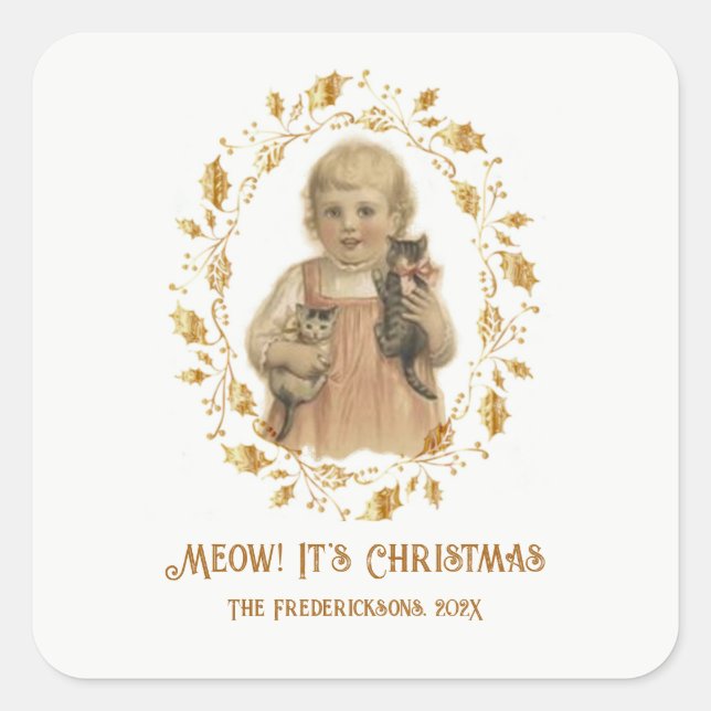 Pegatina Cuadrada Navidades Meow Vintage (Anverso)