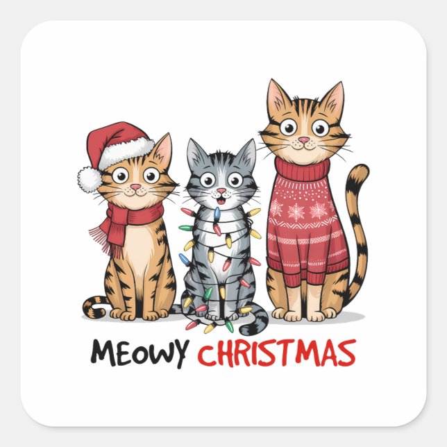 Pegatina Cuadrada Navidades Meowy de Cat Lover (Anverso)