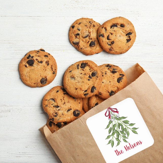 Pegatina Cuadrada Navidades Merry Mistletoe Holiday Greenery Leaves (Christmas holiday merry mistletoe simple square sticker.)