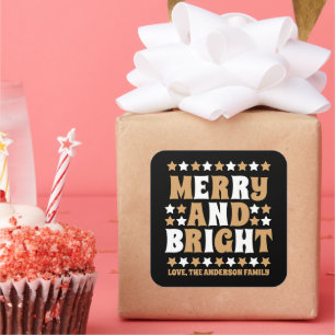 Pegatina Cuadrada Navidades Merry y Bright Moderno negrita Oro Negro