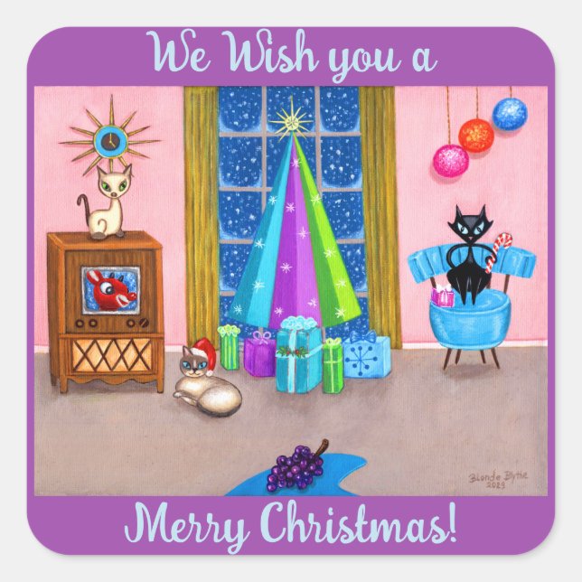 Pegatina Cuadrada Navidades modernos de mediados de siglo Cats de la