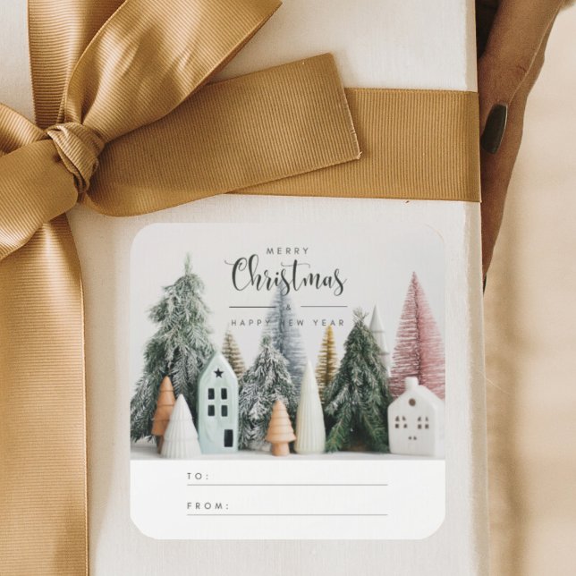 Pegatina Cuadrada Navidades modernos, pueblo de nieve de invierno (Subido por el creador)