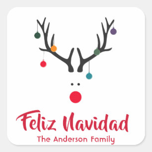 Pegatina Cuadrada Navidades modernos y divertidos renos en blanco