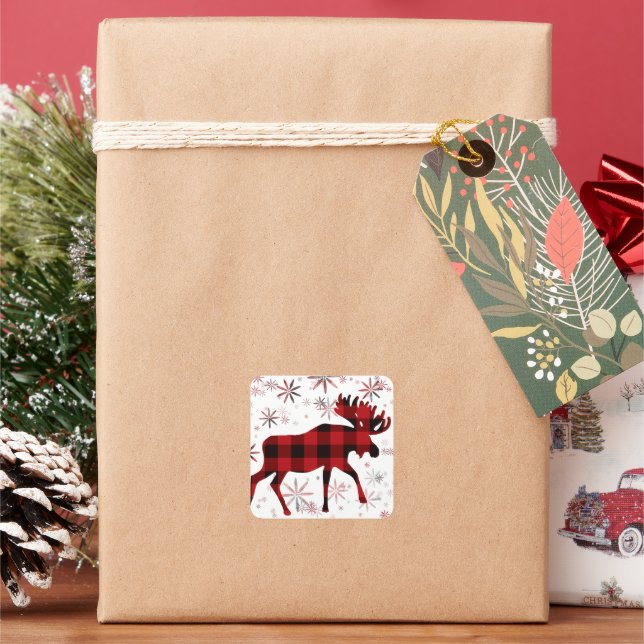 Pegatina Cuadrada Navidades Moose platillos rojos copos de nieve (Vacaciones)
