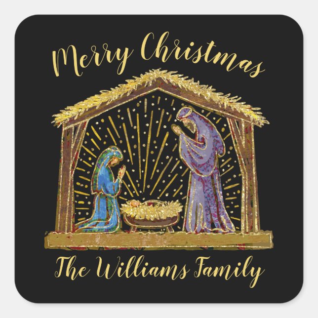 Pegatina Cuadrada Navidades Natividad Manger Gold Black Family Name (Anverso)
