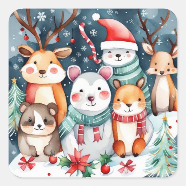 Pegatina Cuadrada Navidades Navidades temáticos lindos animales (Anverso)