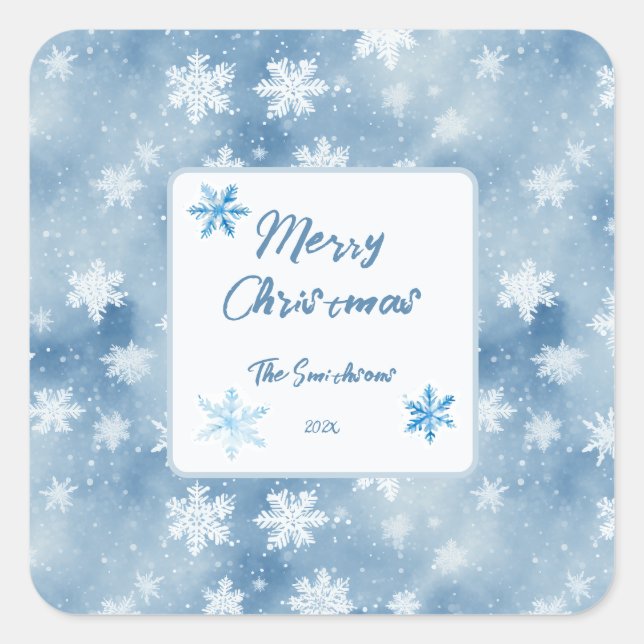 Pegatina Cuadrada Navidades Nieves con cielo azul claro (Anverso)