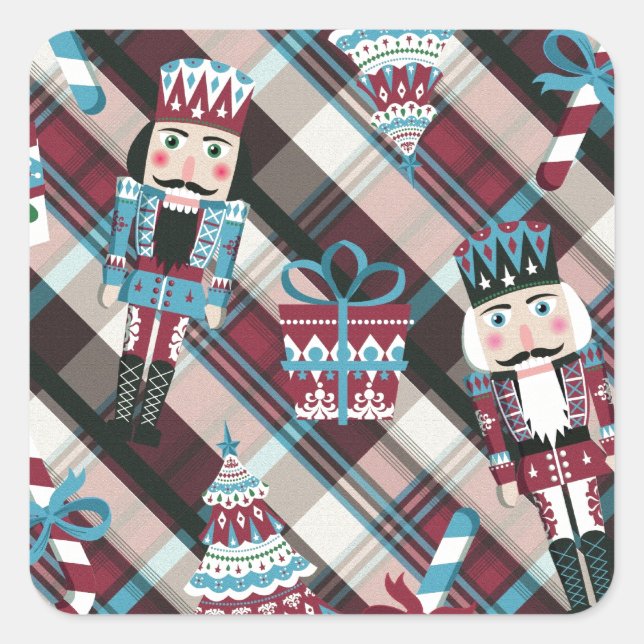 Pegatina Cuadrada Navidades Nutcracker Plaid Blue Burgundy (Anverso)