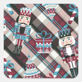 Pegatina Cuadrada Navidades Nutcracker Plaid Blue Burgundy