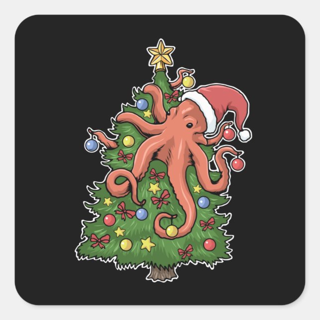 Pegatina Cuadrada Navidades Octopus Kraken Squid Regalo Árbol de Nav (Anverso)