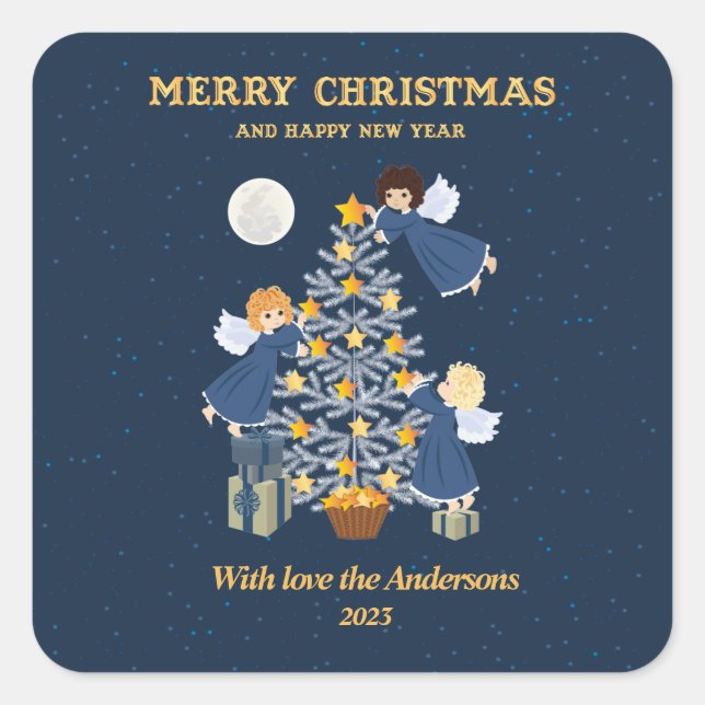 Pegatina Cuadrada Navidades oro azul lindo bebé angels árbol (Anverso)