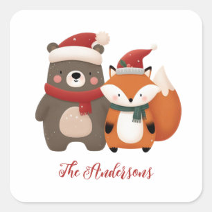 Pegatina Cuadrada Navidades/Oso blanco invernal y Fox