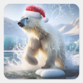 Pegatina Cuadrada Navidades Oso Polar Con Santa Cap