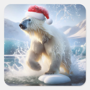 Pegatina Cuadrada Navidades Oso Polar Con Santa Cap