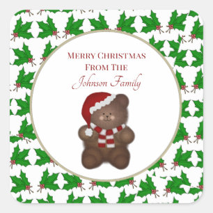 Pegatina Cuadrada Navidades Oso y Personalizado Holly
