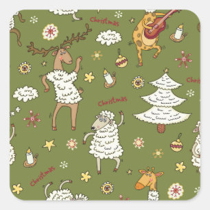 Pegatina Cuadrada Navidades Oveja: Ilustracion de la Vintage Animal.