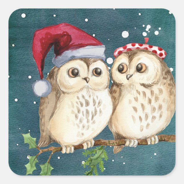 Pegatina Cuadrada Navidades Owls (Anverso)