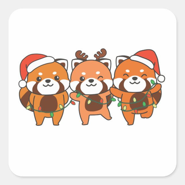Pegatina Cuadrada Navidades Panda Rojos Animales Cuelgan Pandas Rojo (Anverso)
