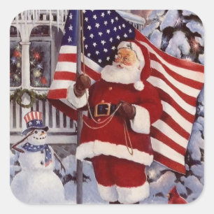 Pegatina Cuadrada Navidades patrióticos Santa portando bandera estad