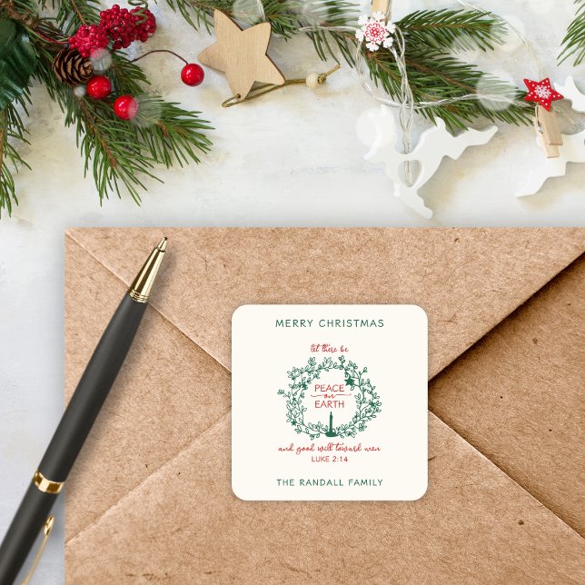 Pegatina Cuadrada Navidades Paz en la Tierra dibujando nombre de cor ( Keep Christ at the center of Christmas while adding a custom touch to your envelopes or gifts.)