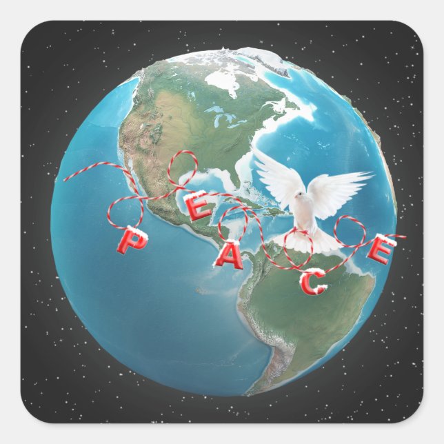 Pegatina Cuadrada Navidades PAZ paloma blanca en el globo (Anverso)